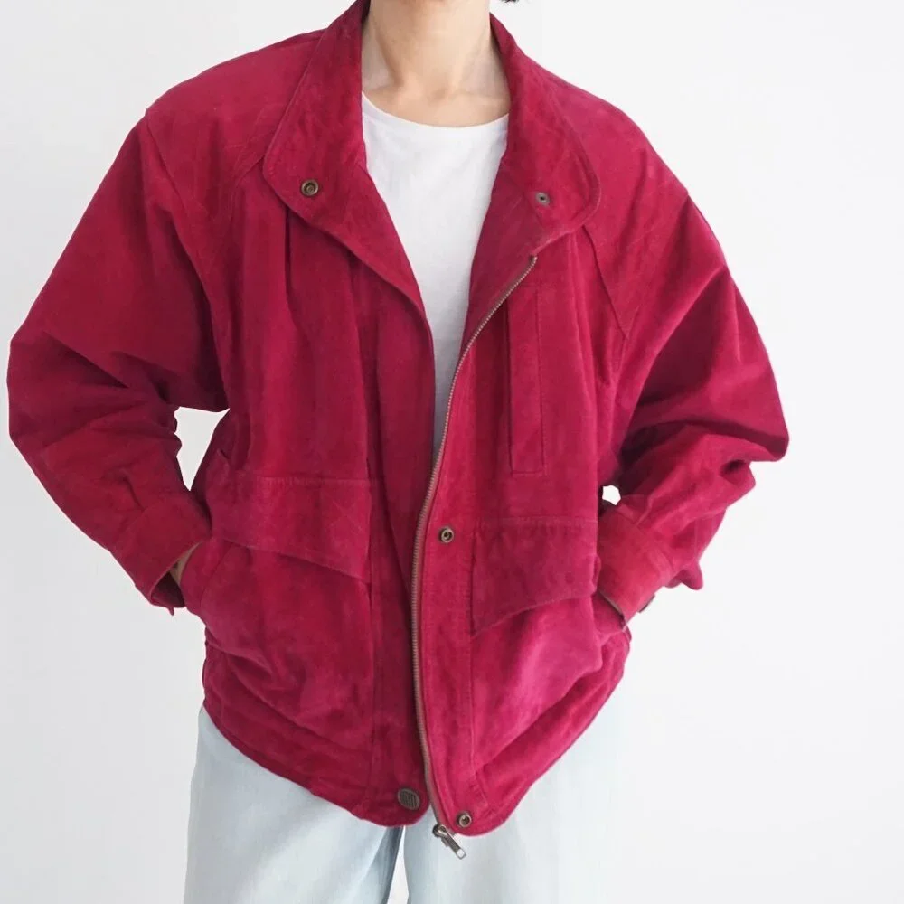 Vintage Just Petites Red Suede Leather Zip Jacket Minimalist Classic Cropped L - Picture 1 of 15